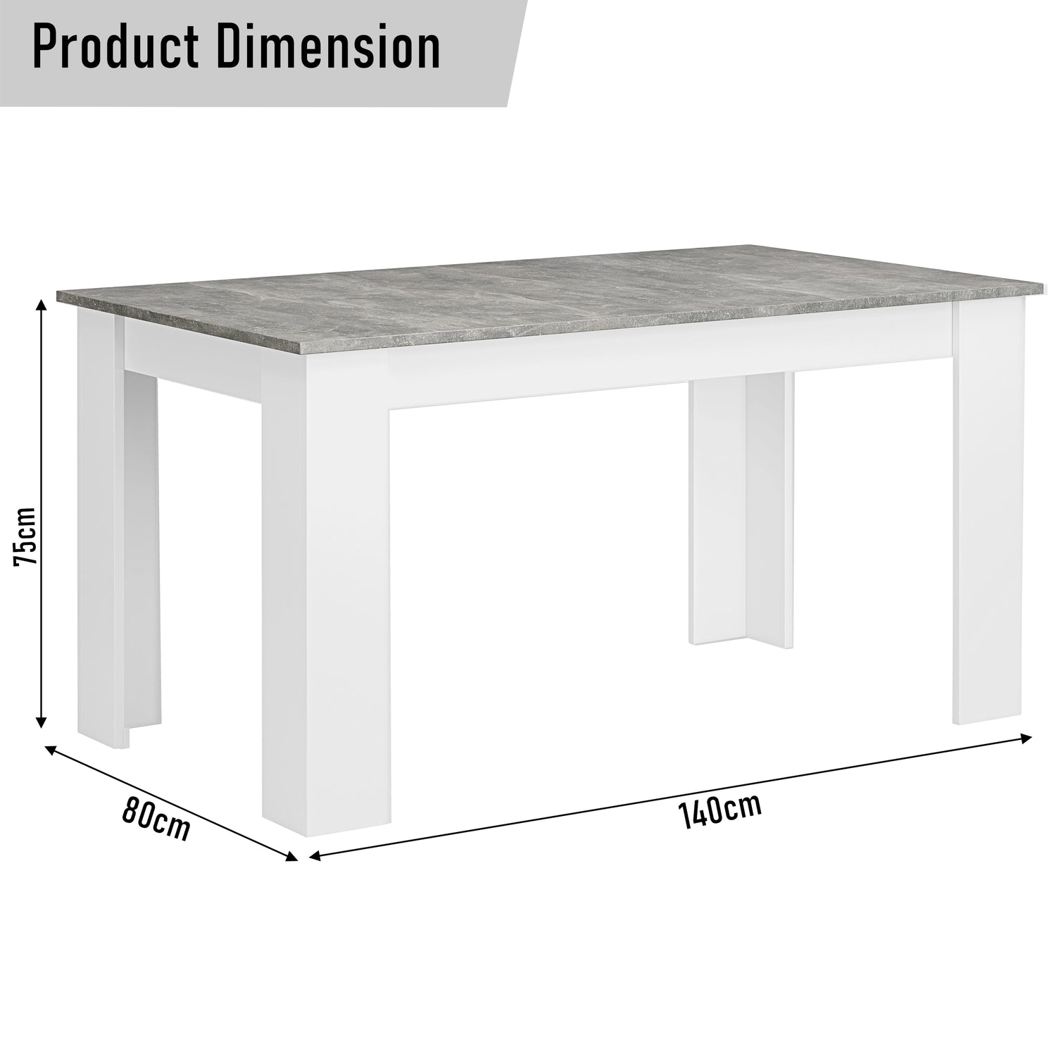 Dimensions of grey dining table with marble-effect engineered wood top: height 75 cm, width 80 cm and length 140 cm