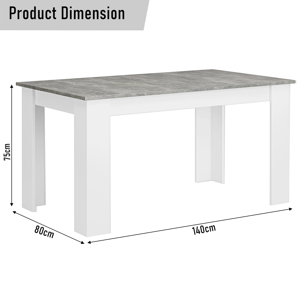 Grey Marble Dining Table dimensions: 140cm length, 80cm width, 75cm height. Sleek design for modern dining rooms and kitchens.