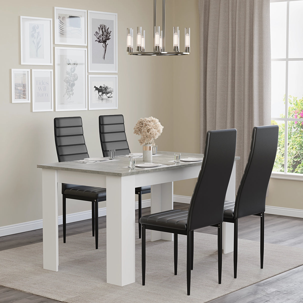 Grey Marble Finish Dining Table with 4 black chairs in a cozy dining room. Ideal for small family dining or entertaining guests.