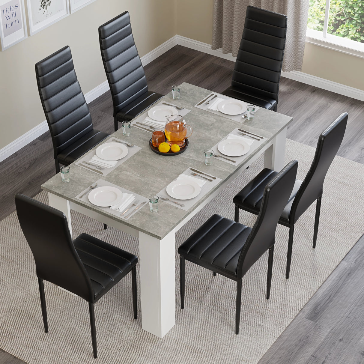 Top view of Grey Marble Dining Table with 6 black chairs, set for a meal. Ideal for stylish and functional dining rooms.