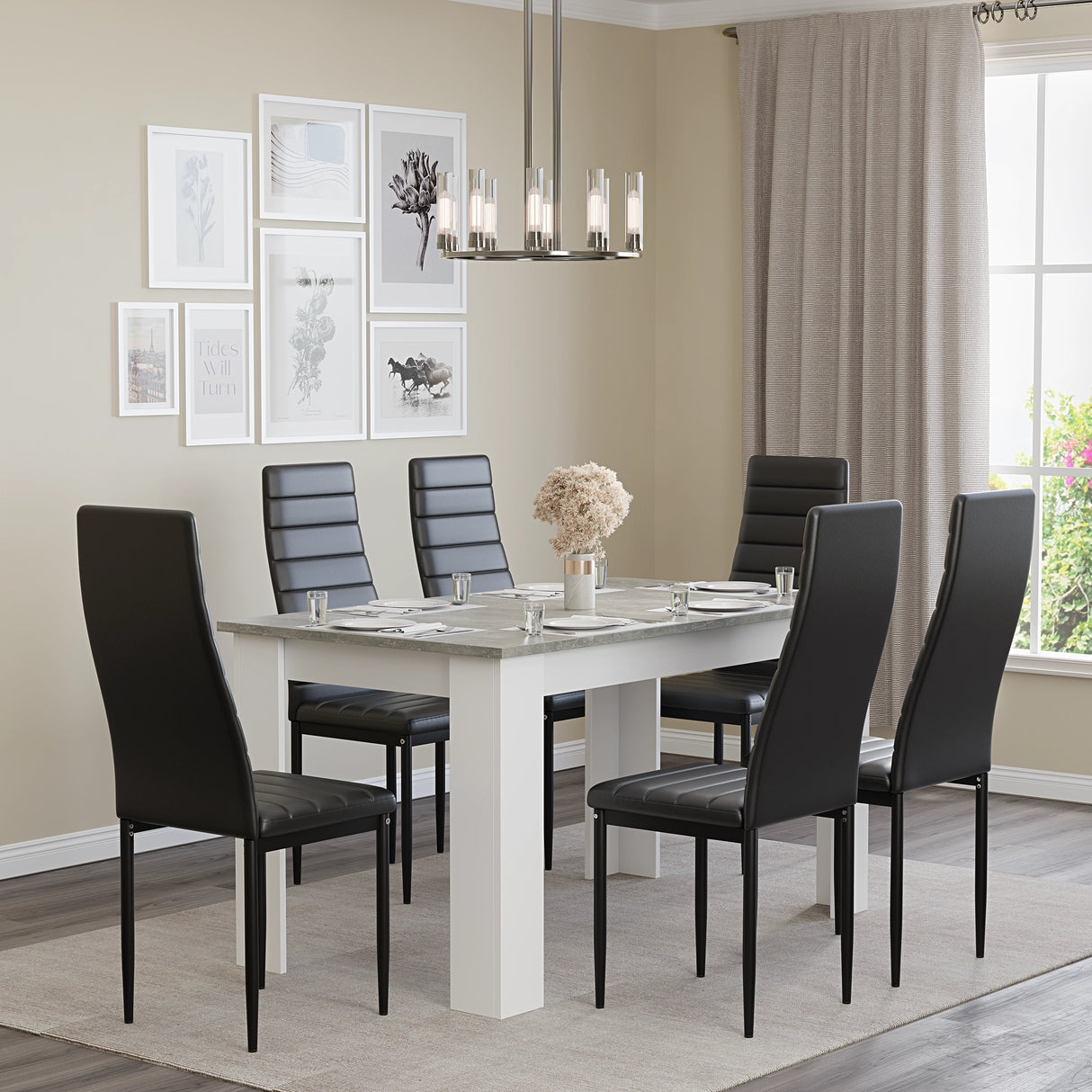Contemporary dining room with Grey Marble Finish Table and 6 black chairs. Sleek design ideal for modern interiors.