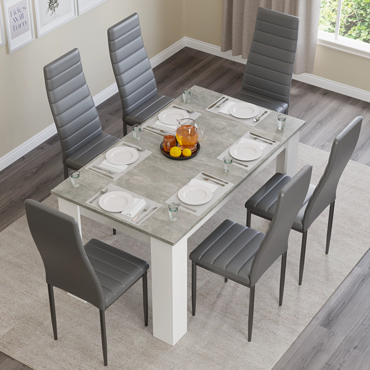 Top view of Grey Marble Finish Dining Table Set with 6 grey chairs, set for dining. Ideal for modern family dining rooms.