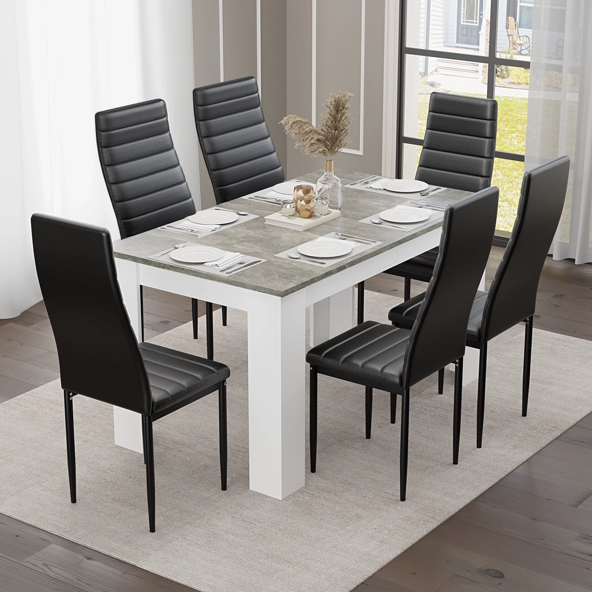 Grey Marble Finish Dining Table Set with 6 black faux leather chairs, perfect for stylish and modern kitchen dining spaces.