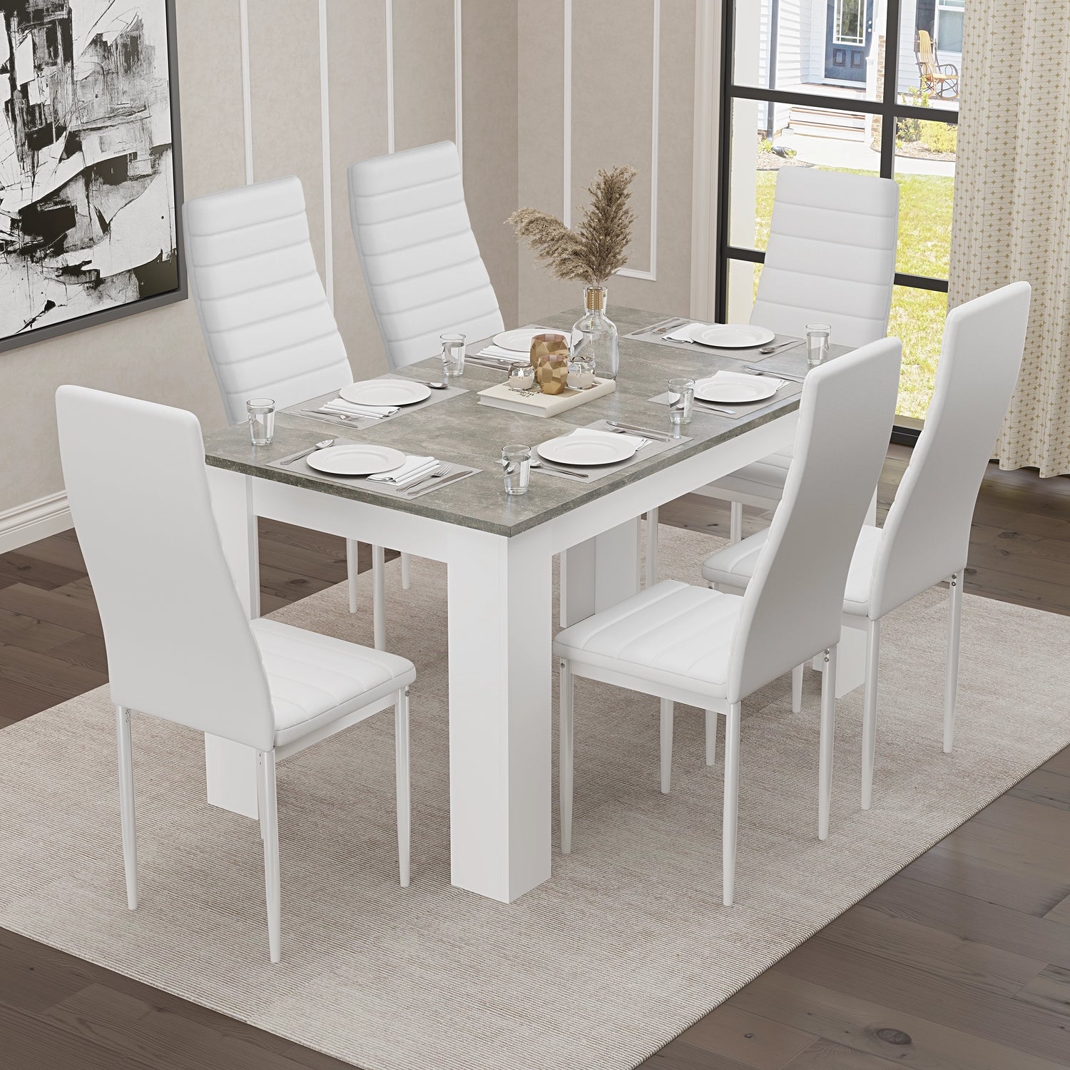 compact corner dining table set with white PU leather chairs and grey marble top, perfect for space-saving dining