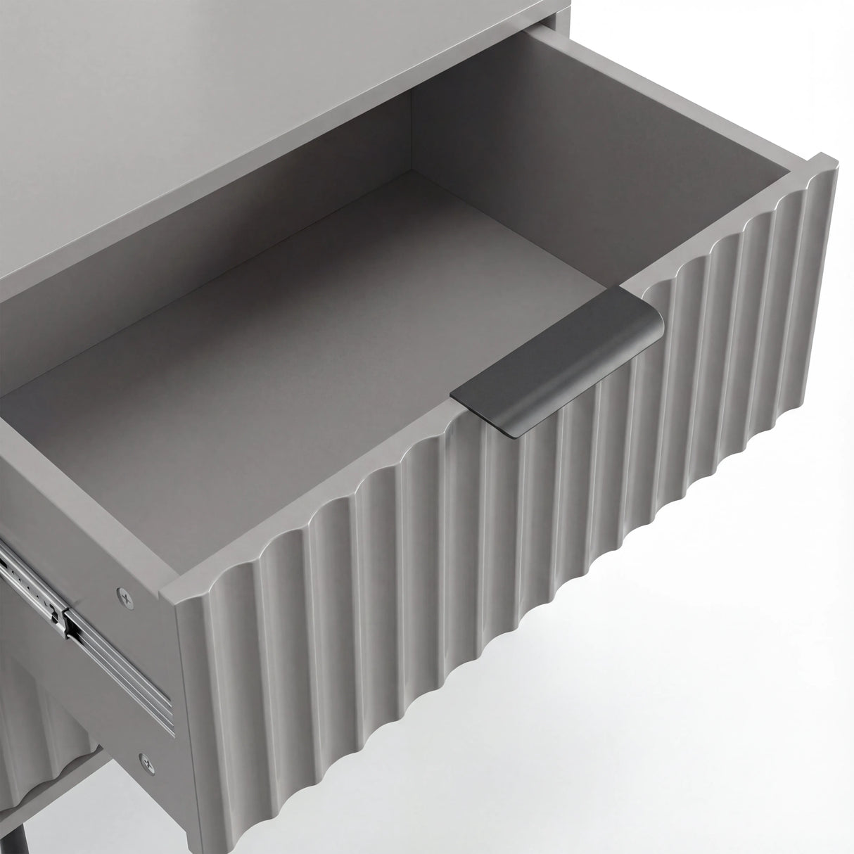 Grey drawer interior view with painted finish, black sleek design handles and rectangular storage capacity