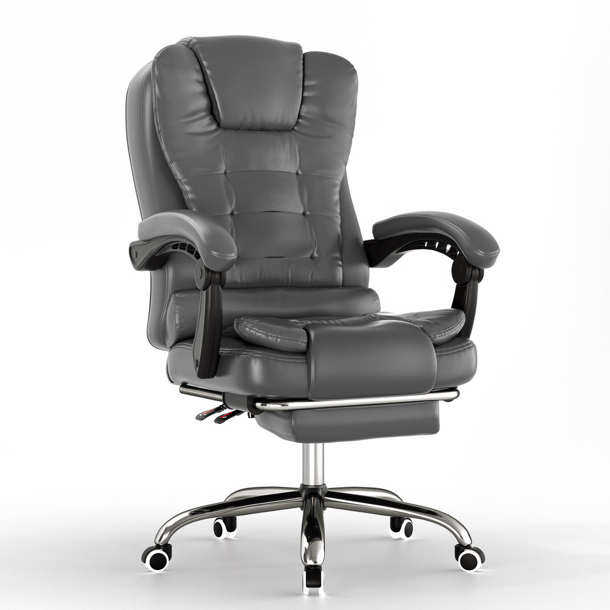 Gray office chair with adjustable armrests on a white background