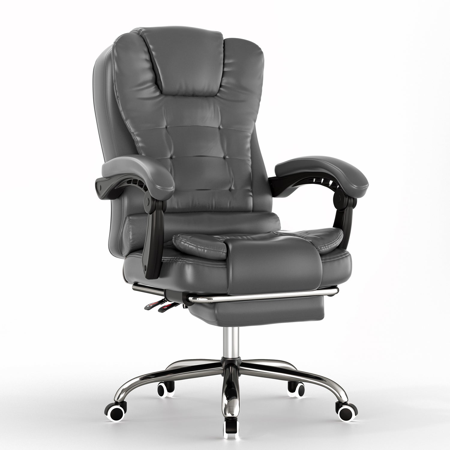 Gray office chair with adjustable armrests on a white background