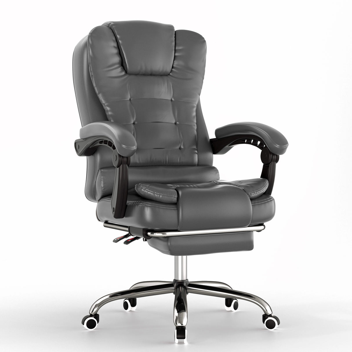 Gray office chair with adjustable armrests on a white background
