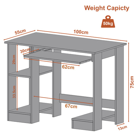 Home Office Computer Desk With Shelves For Working, Reading & Gaming, 100cm wide with keyboard tray and storage shelves, supports up to 50kg
