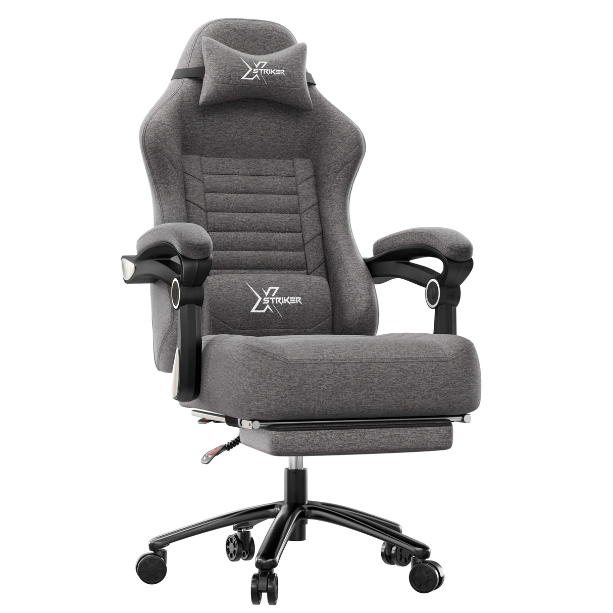A grey office chair with Xstriker branding on a white background