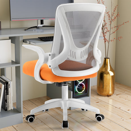Back profile of a grey and orange comfortable chair with mesh backrest, offering ergonomic seating for your workstation.