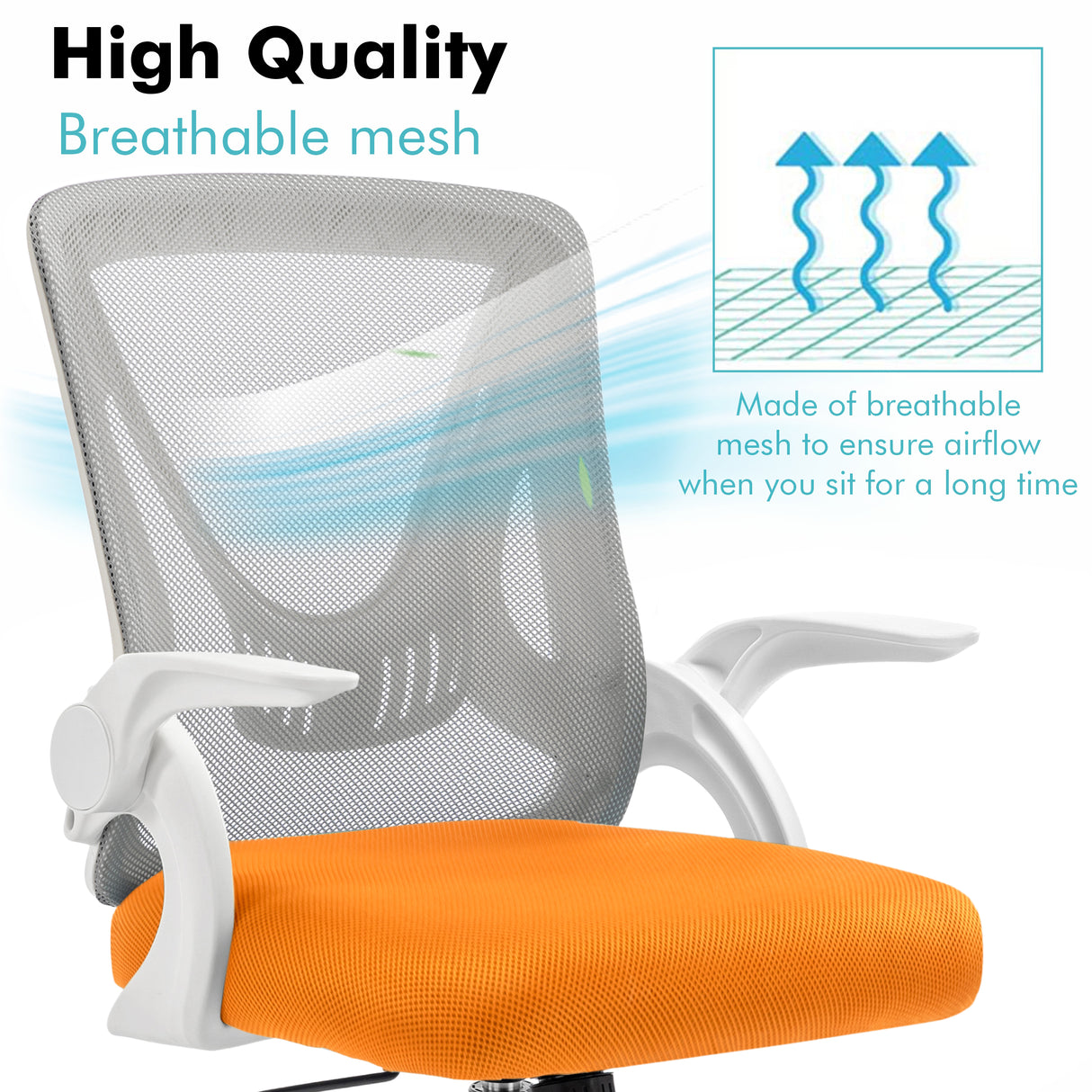 The grey and orange swivel desk chair with breathable mesh backrest ensures comfort and support for long work hours.