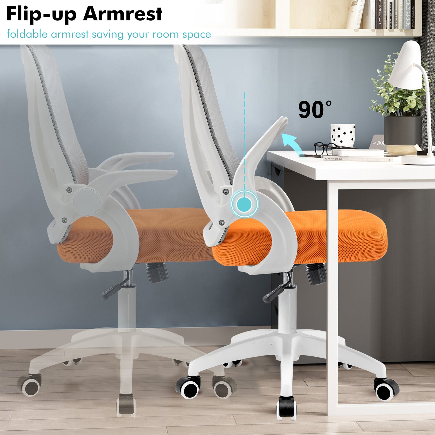 grey and orange Adjustable chair with flip-up armrests, perfect for saving space while maintaining ergonomic comfort.