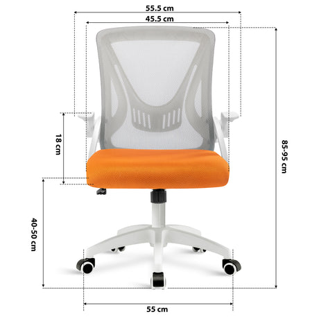 Grey and orange home desk chair dimension: 45.5cm seat width, 55cm wheelbase, adjustable 85–95cm height & mesh backrest.