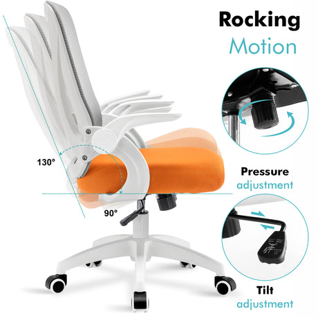 Grey and orange swivel desk chair with adjustable height and tilt lock, offering ultimate comfort during long work sessions.