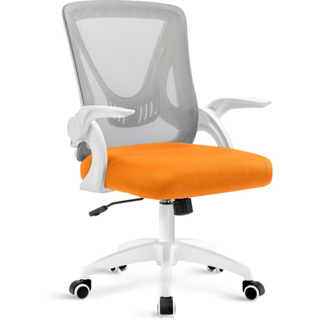 Grey and orange comfortable desk chair with mesh backrest, padded seat, and adjustable height, ensuring ergonomic support.