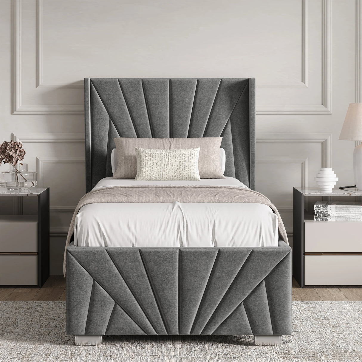 Grey upholstered bed with tufted design in a bedroom setting.