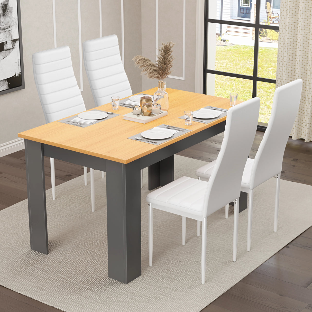 white PU leather cheap dining chairs set of 4 with padded seats and iron frame around pine tabletop grey dining table