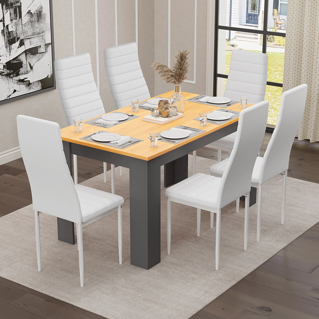 modern small dining table with white upholstered chairs in 6 chair dining set from Dream Home Store