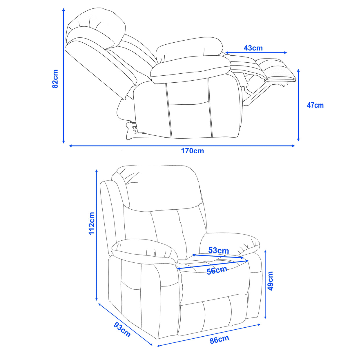 Dimensions of a recliner chair shown with blue lines and measurements on a white background