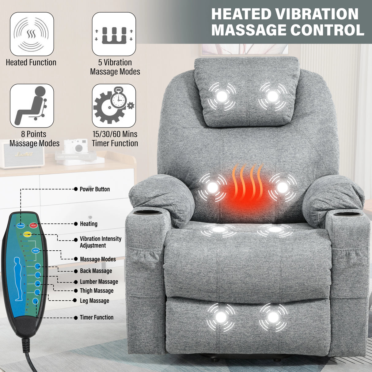 Detail view of electric recliner chair remote control to change mode, intensity, and duration of massage.