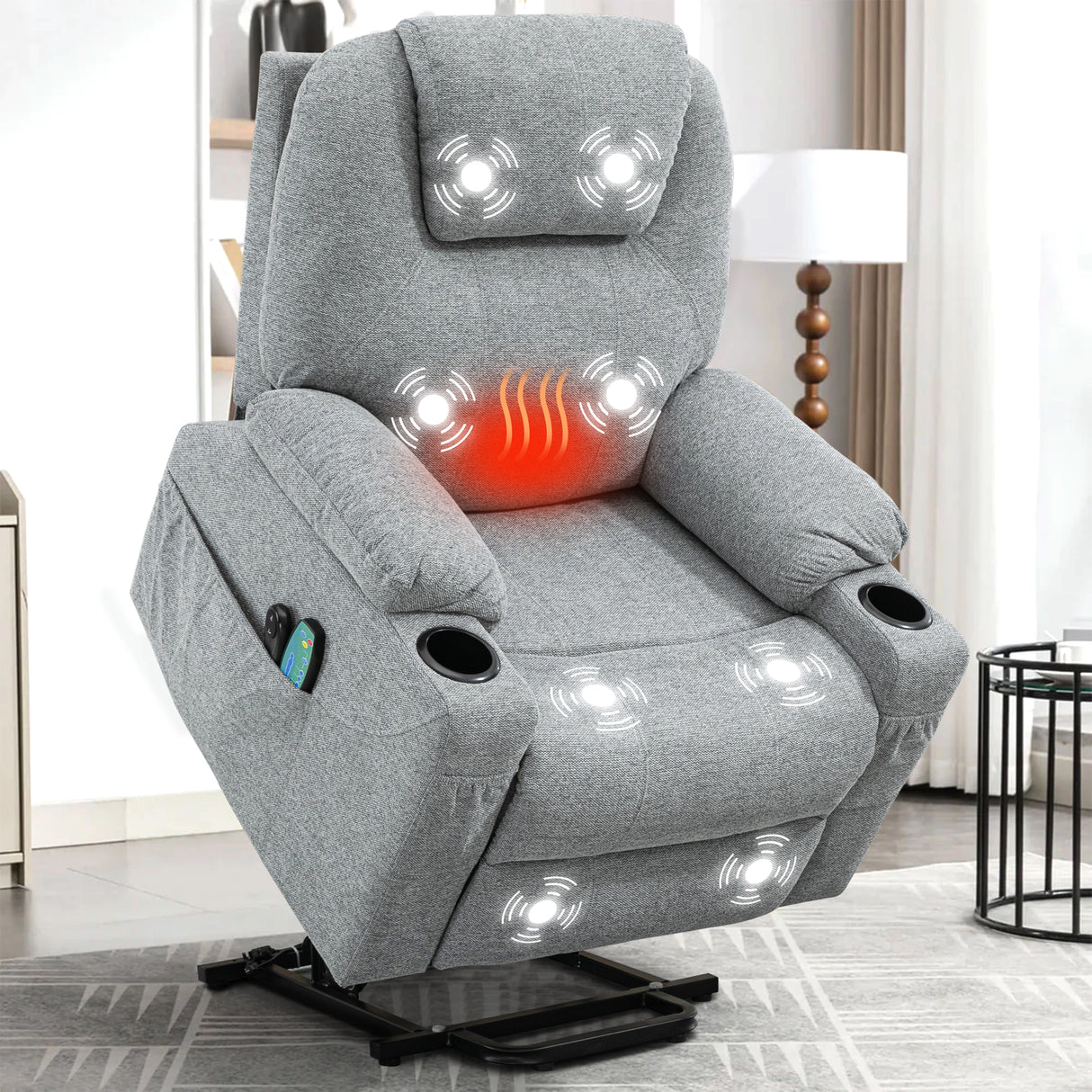 Light grey riser electric recliner chair highlighting heat and massage functions, with cup holder and remote.