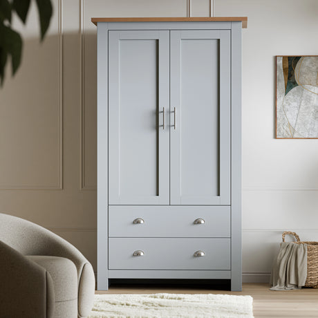 Shaker double wardrobe with drawers and hanging space in grey finish, featuring two doors and two lower drawers for bedroom storage.