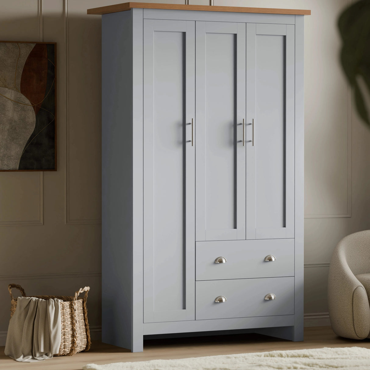 grey shaker triple wardrobe with shelves and drawers featuring 2 bottom drawers, and a wooden top for bedroom storage