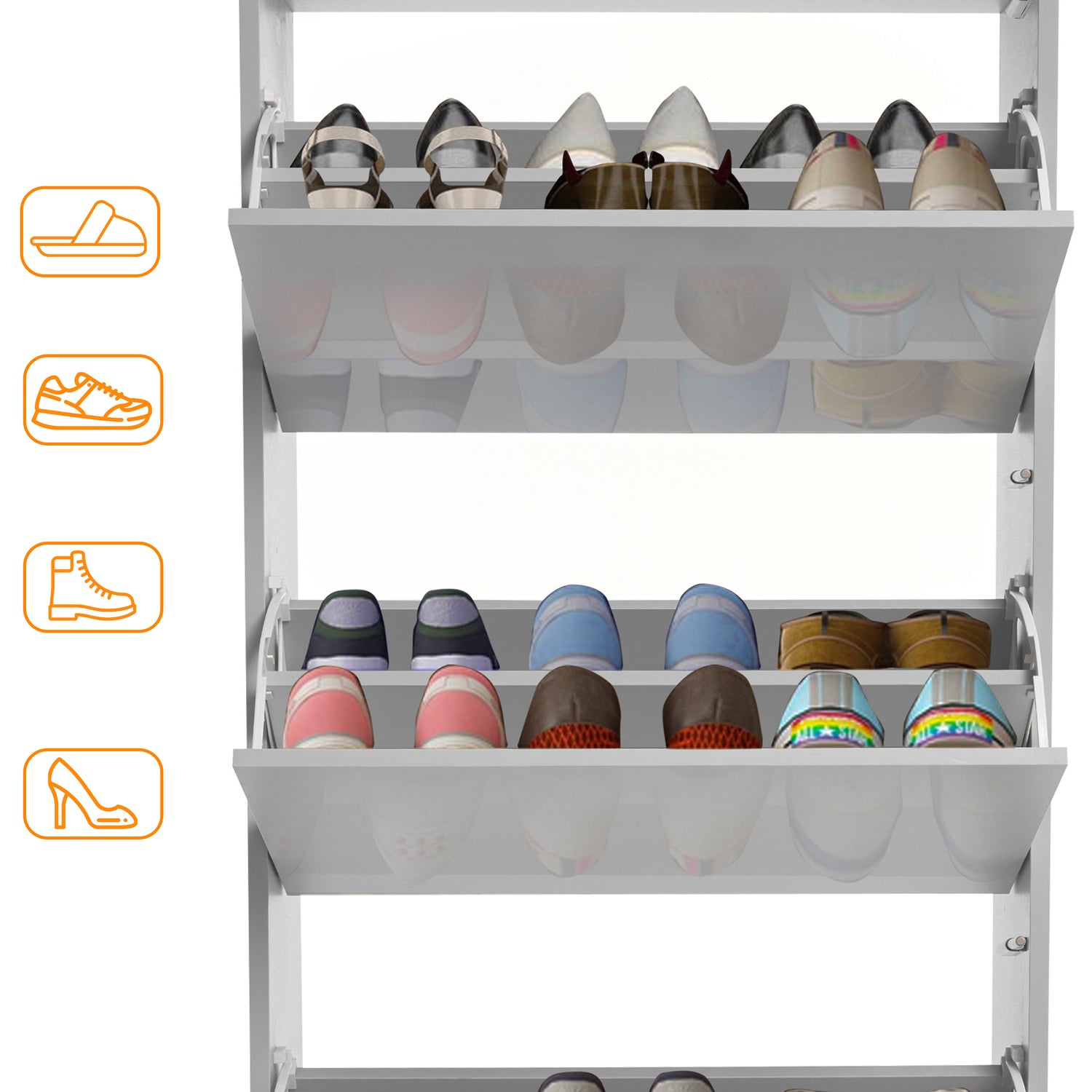 Fully open narrow shoe cabinet with space for various shoes like boots, slippers, Crocs, and wellies.