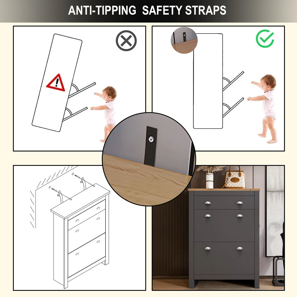 small shoe cabinet diagram in grey oak finish illustrating anti‑tip brackets for safe use around children and pets