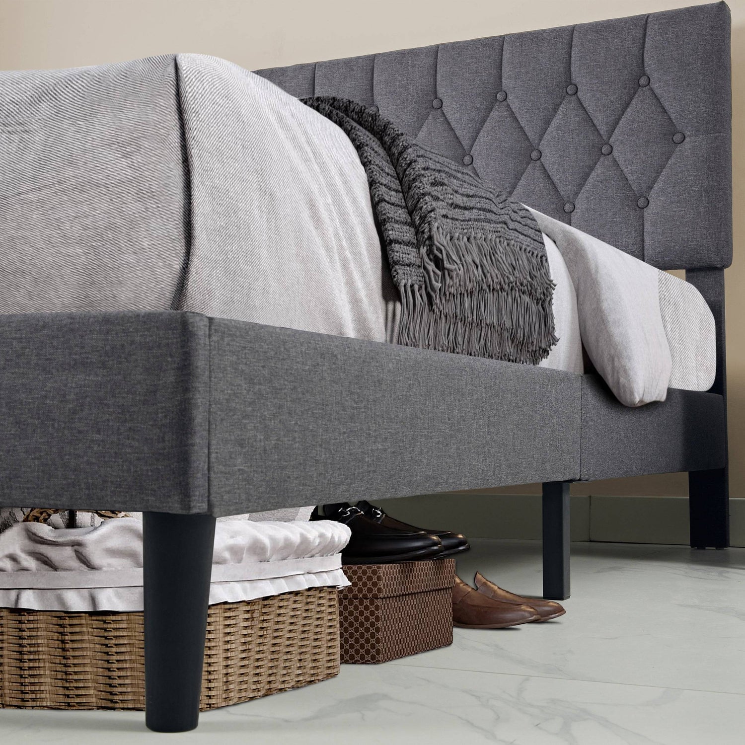 Chesterfield Bed Frame - Luxurious Grey Linen Upholstery, Adjustable Headboard
