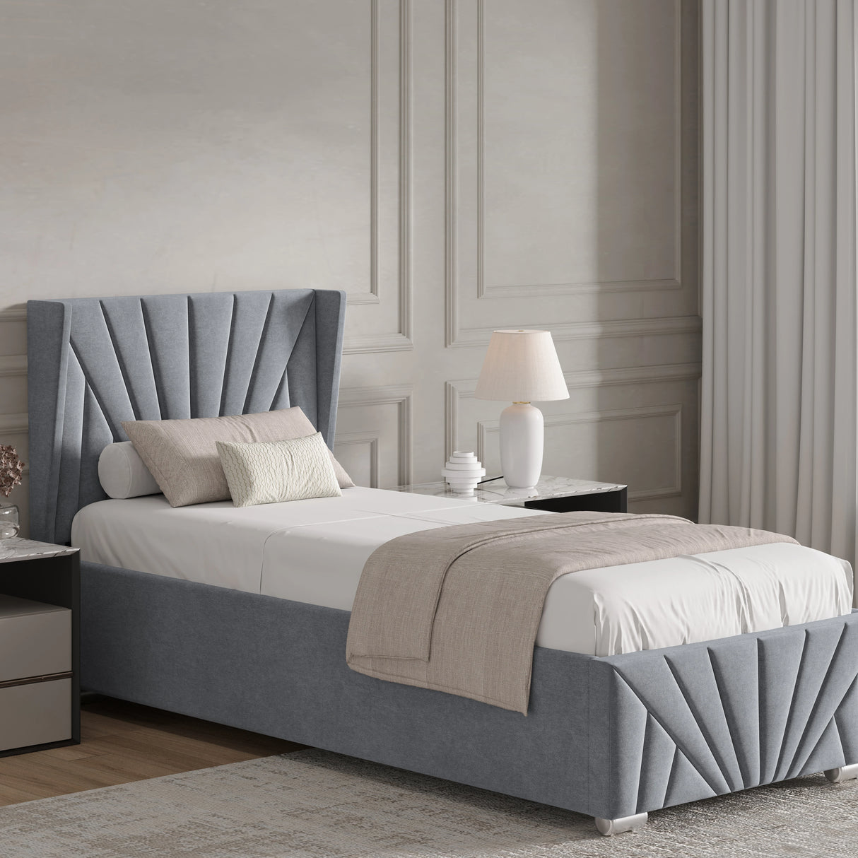 Sunrise Ottoman Bed Frame in grey velvet with vertical panel headboard and end-lift storage, shown in a modern bedroom setting. Ideal for single size beds.