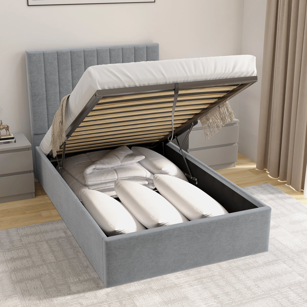 Grey upholstered bed with open storage compartment in a bedroom setting