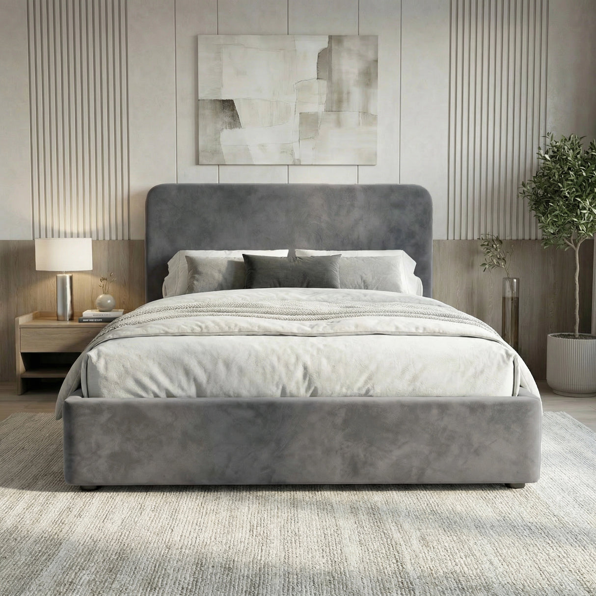 Front view of grey velvet small double ottoman bed positioned between bedside tables in a light interior