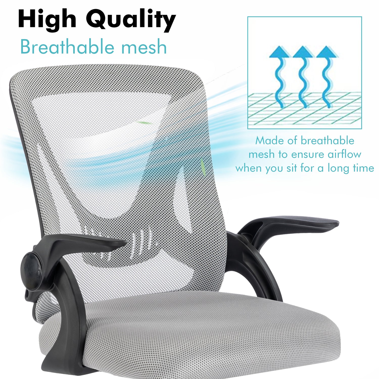 Ergonomic chair in grey with breathable mesh backrest, providing comfort and support for long hours of sitting.