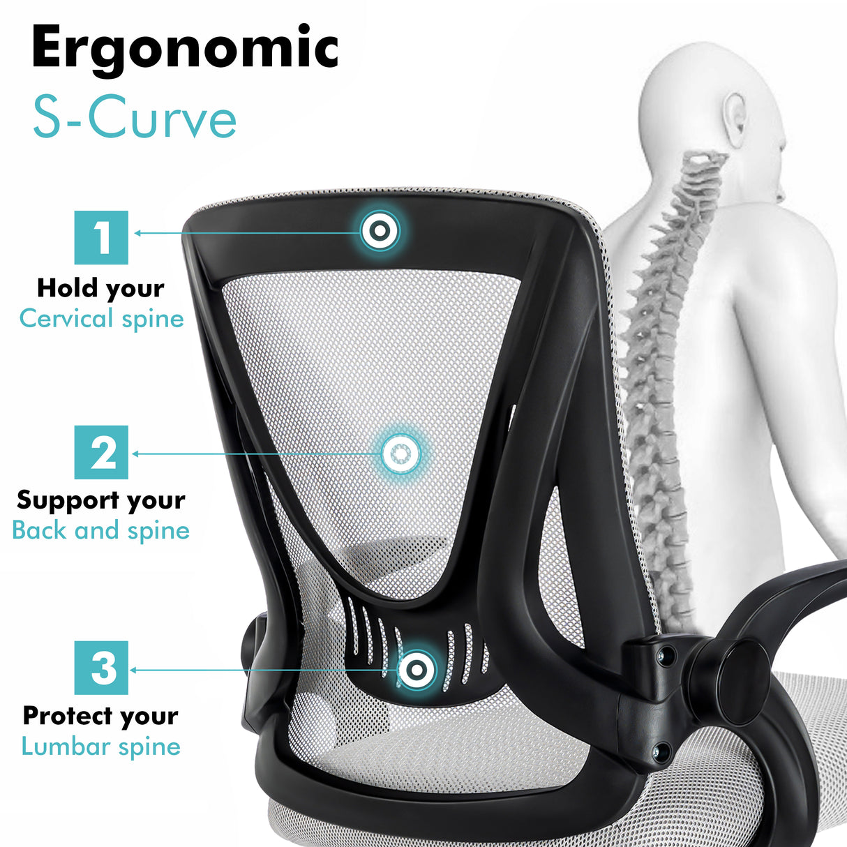 Grey lumbar support chair with ergonomic mesh backrest to reduce back strain and improve posture.