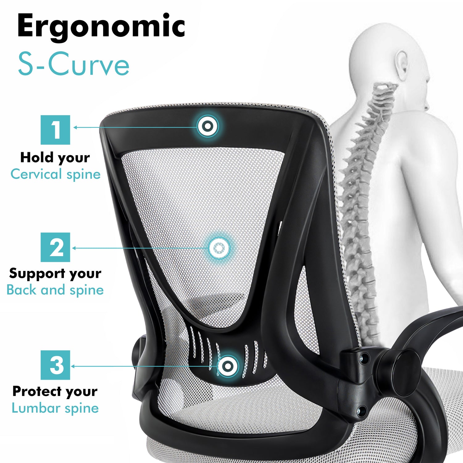 Grey lumbar support chair with ergonomic mesh backrest to reduce back strain and improve posture.