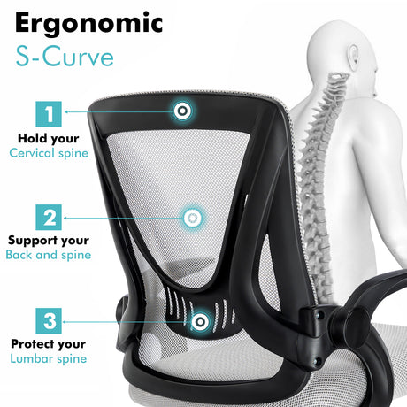 Grey lumbar support chair with ergonomic mesh backrest to reduce back strain and improve posture.
