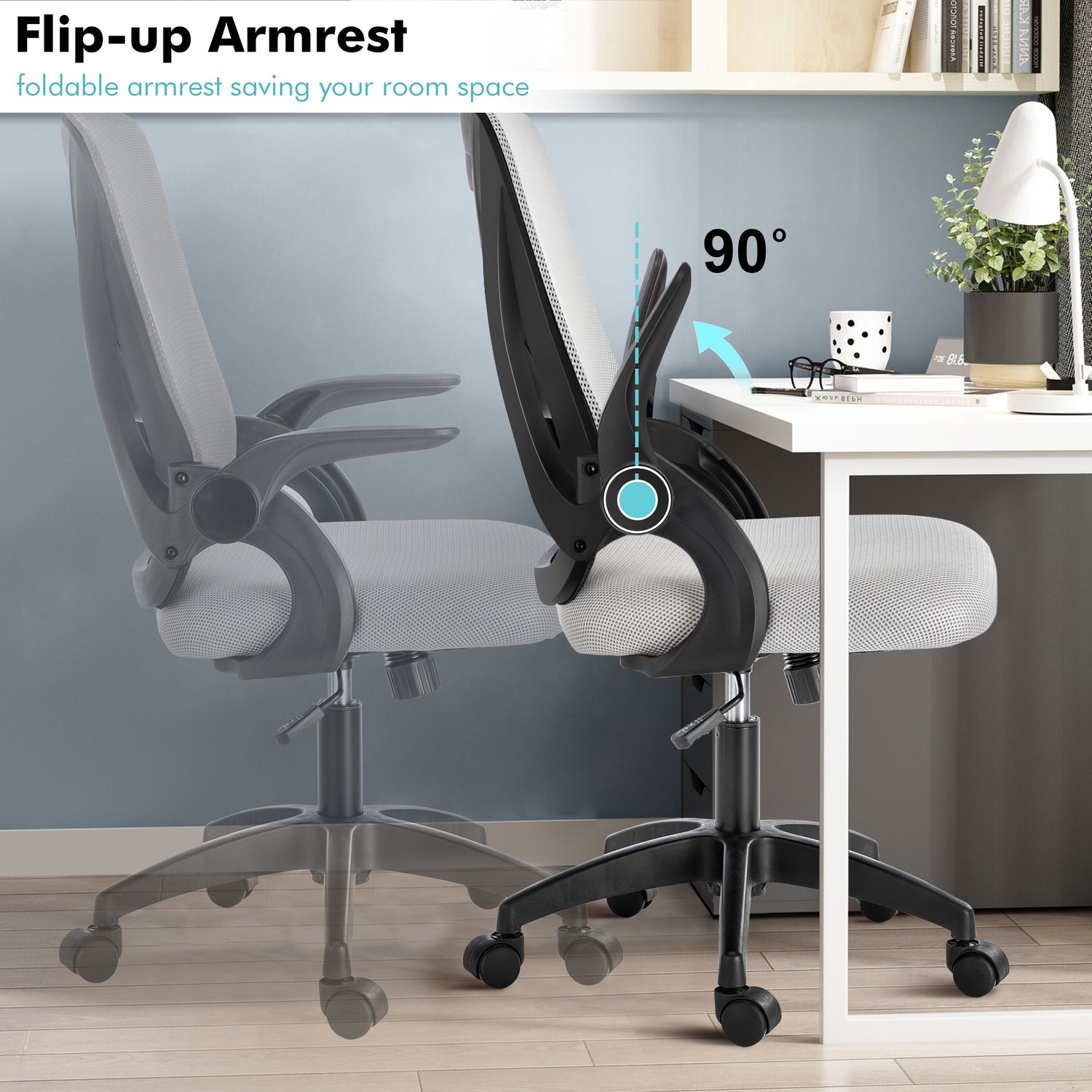 Spinny chair with flip-up armrests and adjustable height, perfect for small home offices.