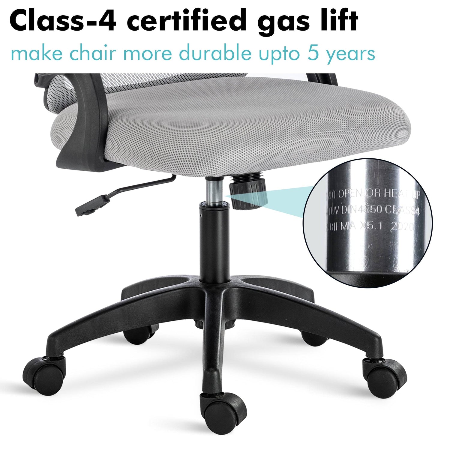 Grey home desk chair with SGS-4 certified gas piston, offering smooth height adjustments for comfort.
