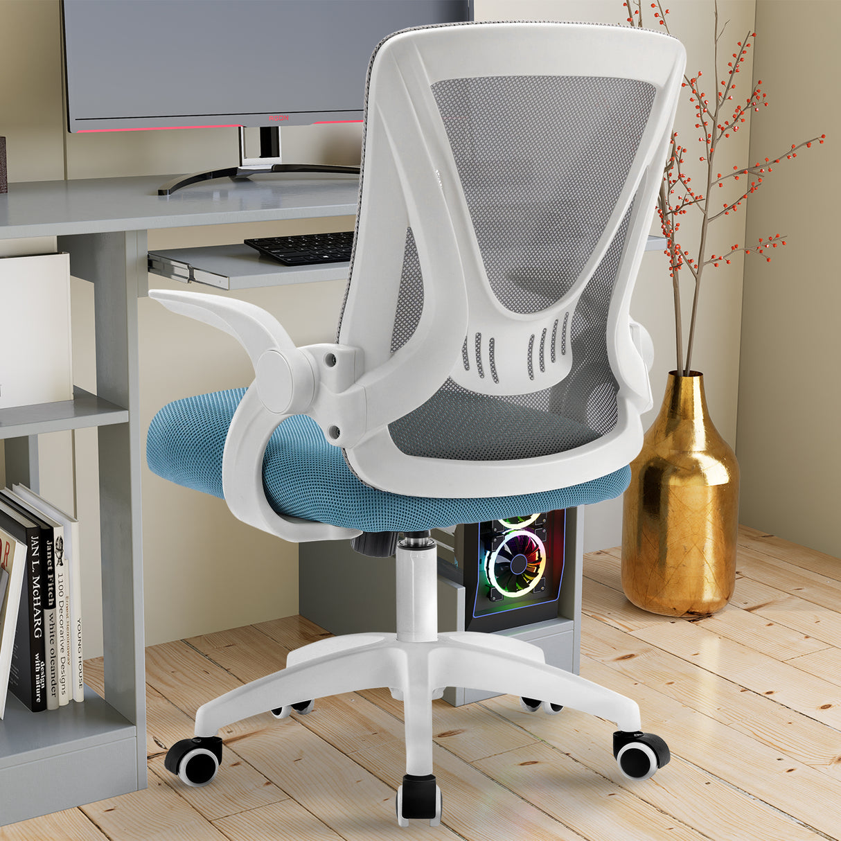 Grey and Tiffany blue office chair with breathable mesh backrest, ideal for ergonomic use at workstations.