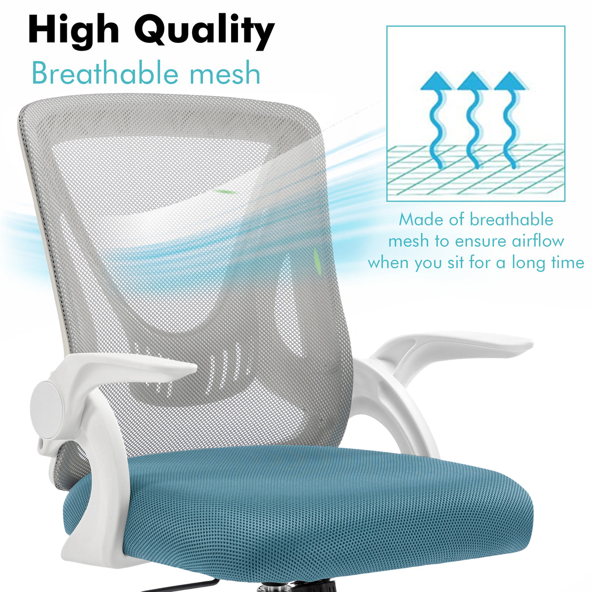 Grey and Tiffany blue comfortable desk chair with breathable mesh backrest for maximum comfort.