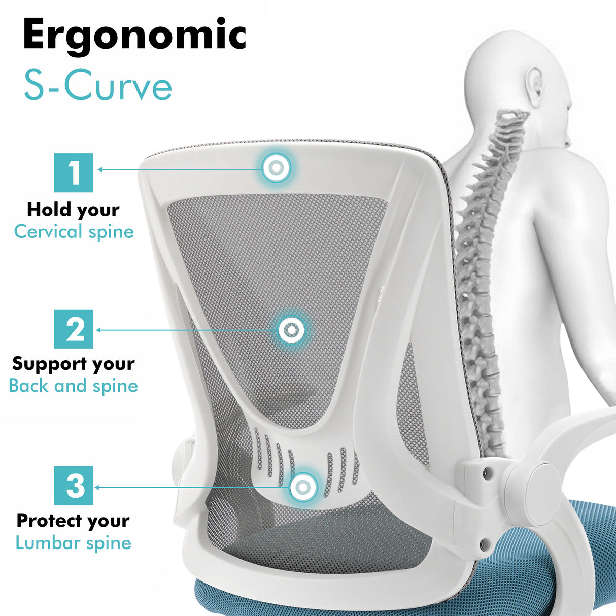 Grey and Tiffany blue ergonomic desk chair with lumbar support to reduce back strain during long working hours.