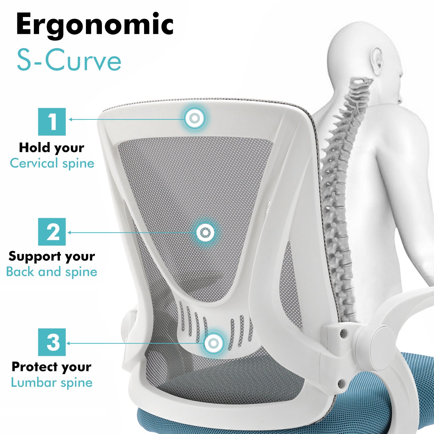 Grey and Tiffany blue ergonomic desk chair with lumbar support to reduce back strain during long working hours.