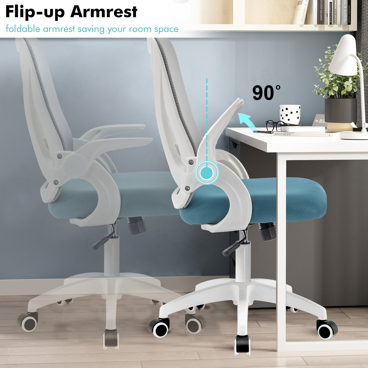 Grey and Tiffany blue swivel desk chair with flip-up armrests for saving space in your home office.