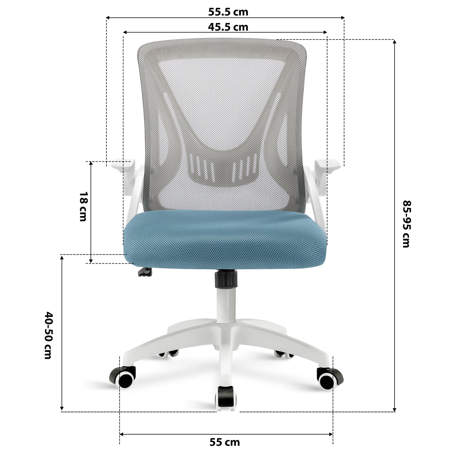 Grey+Tiffany blue computer chair dimension: 45.5cm seat width, 55cm wheelbase, adjustable 85–95cm height & mesh backrest.