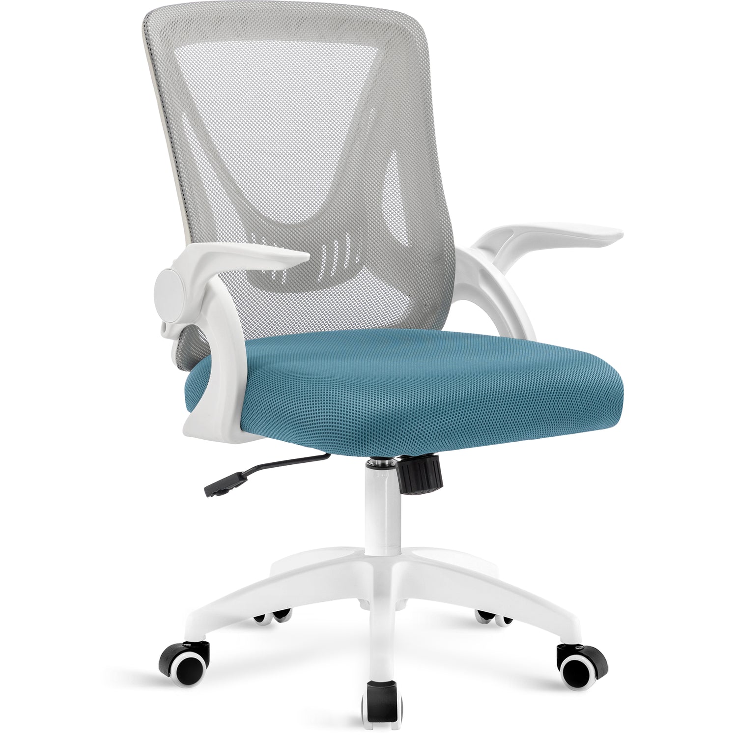 Grey and Tiffany blue spinny chair with breathable mesh backrest and adjustable height for comfort.
