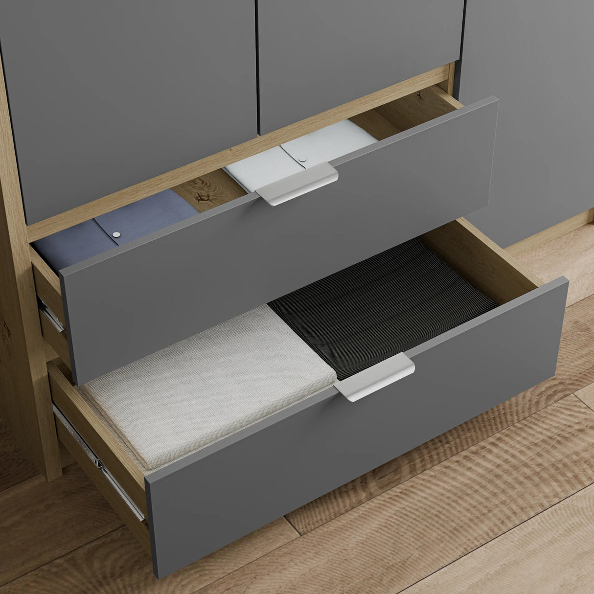 Gray drawer with a cushioned seat on a wooden floor