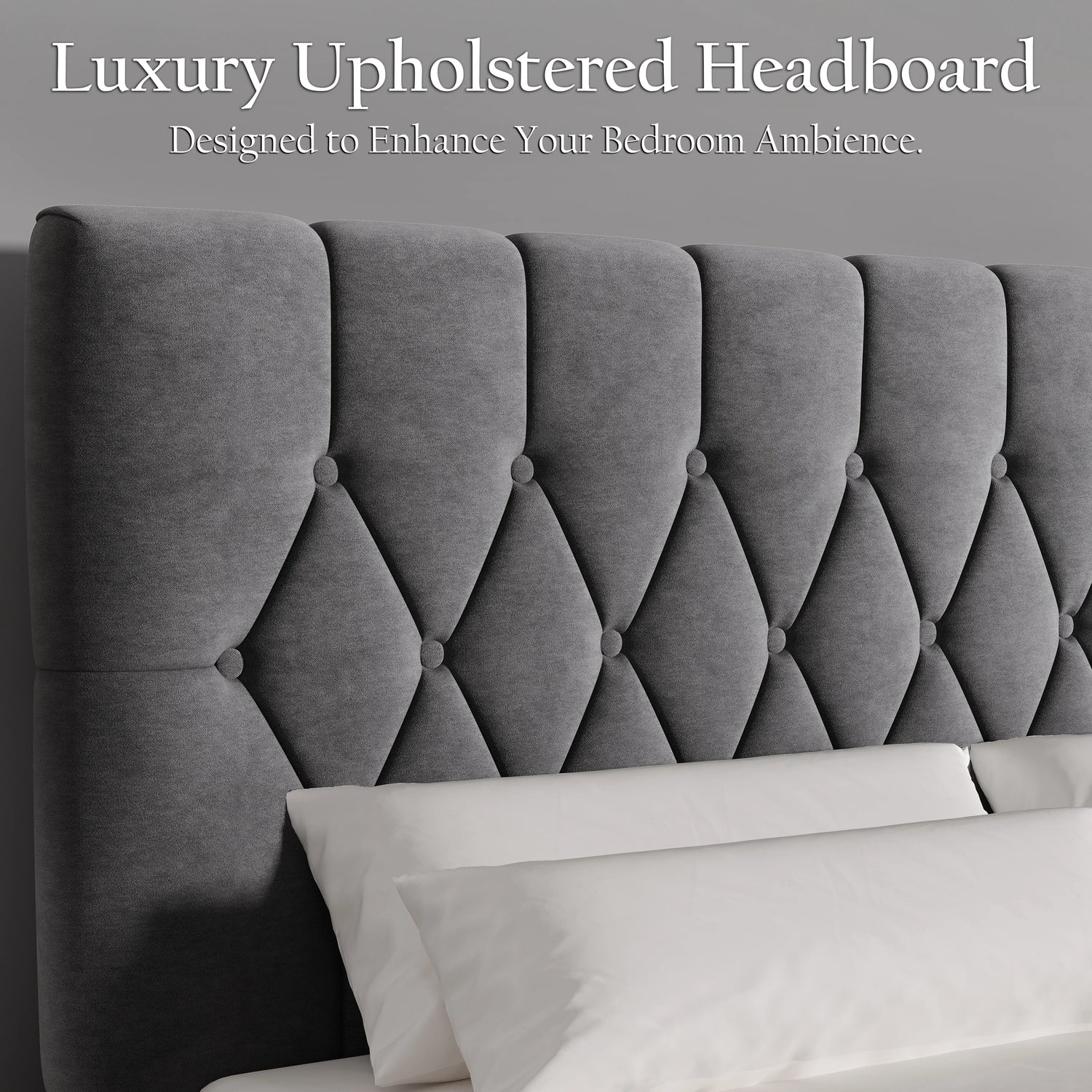 Grey velvet bed frame with luxury upholstered adjustable headboard in chesterfield design, ideal for double and king size beds from DHS Furniture.