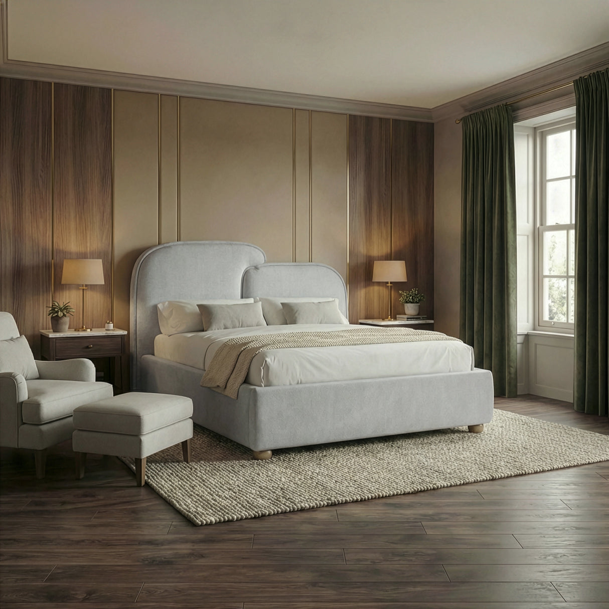 Side-angle view of a grey upholstered double bed frame highlighting the low base and fabric-wrapped frame in a modern room